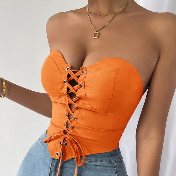Boho Orange Lace up Bustier Corset Cropped Top - Picture 12 of 15